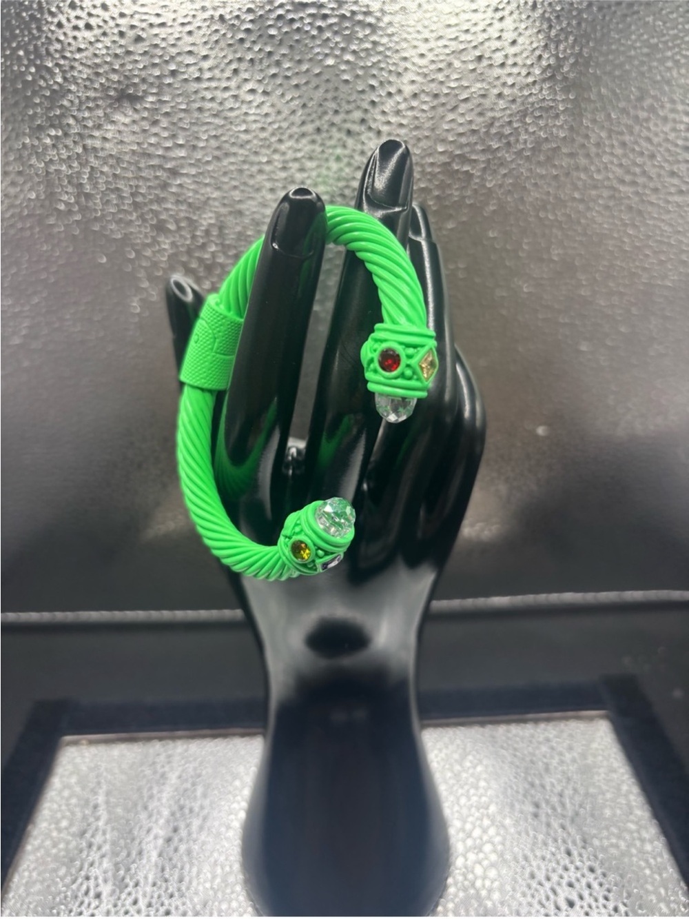 Neon Green Cable Twist Cuff Bracelet with Gem Accents